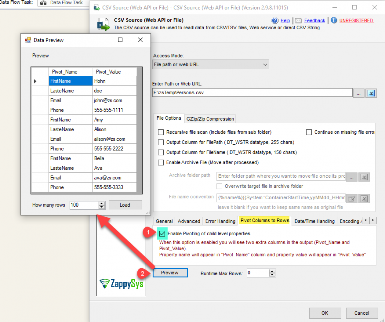 CSV Source Pivoted Data Preview