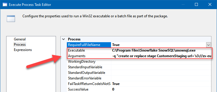 Creating an Amazon S3 stage in Snowflake using SnowSQL command-line tool and SSIS