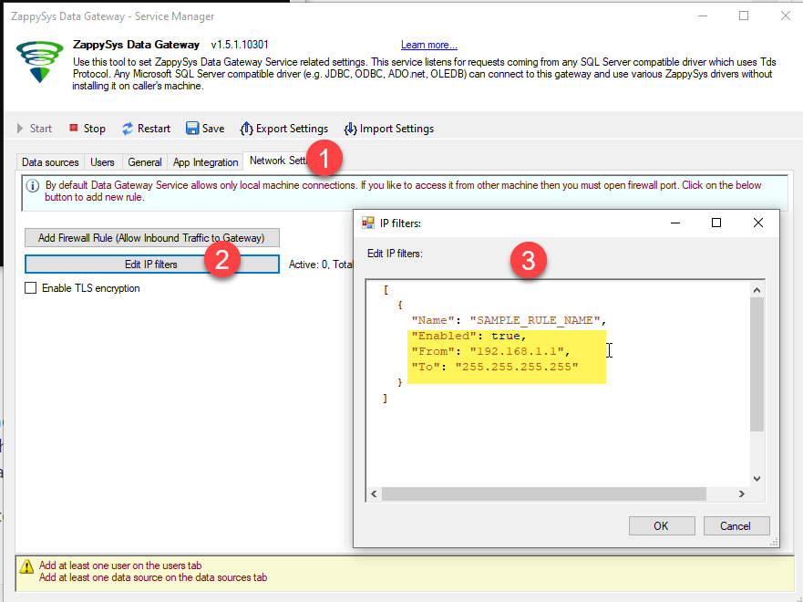 Range IP Filters Network Settings for Data Gateway