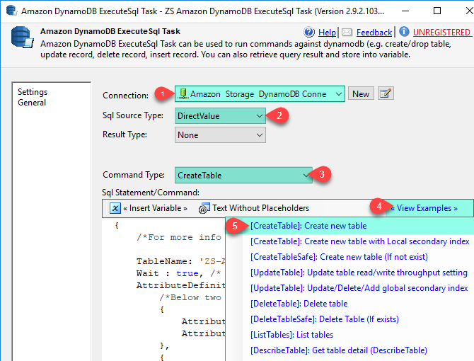 Amazon DynamoDb ExecuteSQL Task to configure it