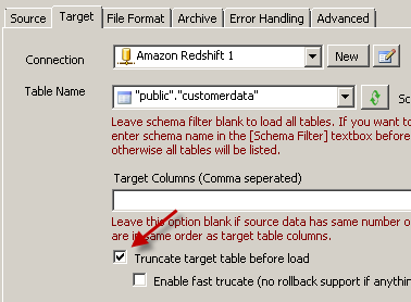 Configure Target - Select Truncate Redshift table option