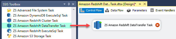 Drag and Drop ZS Amazon Redshift Data Transfer Task from SSIS Toolbox
