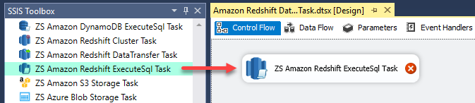 Drag and drop the Amazon Redshift ExecuteSQL Task