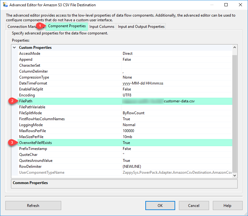 SSIS Amazon S3 CSV File Destination - Component Properties