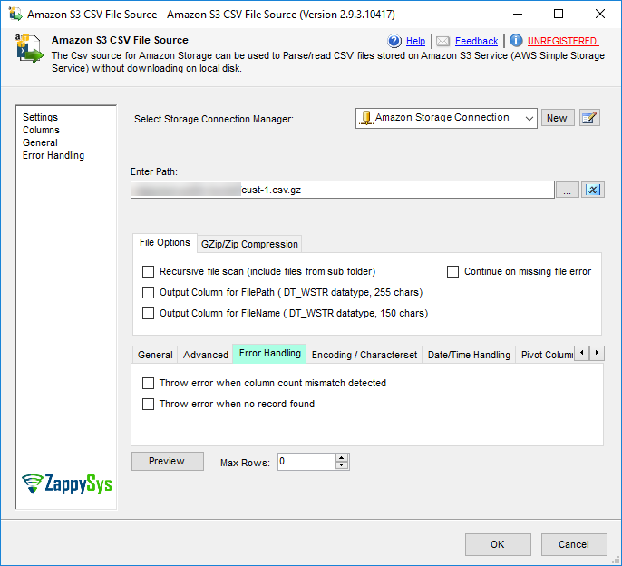 SSIS Amazon S3 CSV File Source - Error Handling Options