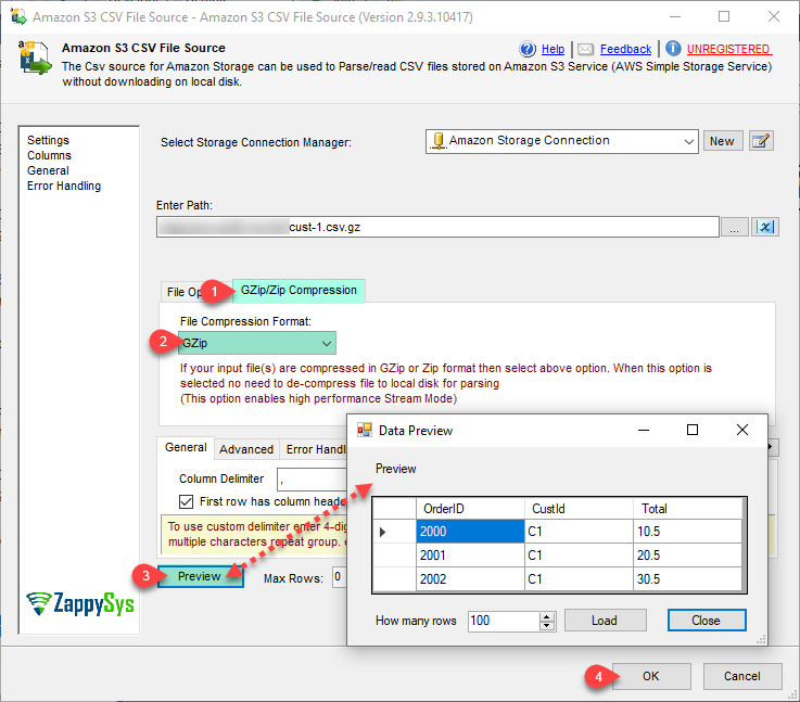 SSIS Amazon S3 CSV File Source - Read Compressed CSV File (GZip or Zip)