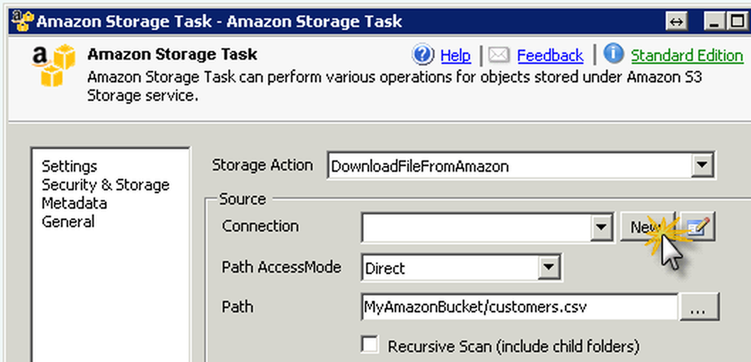 Create New Amazon S3 Connection from Task UI