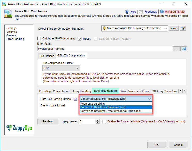 SSIS Azure Blob XML File Source - DateTime Parsing Options