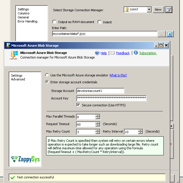 SSIS Azure Blob XML File Source - Create Azure Storage Connection