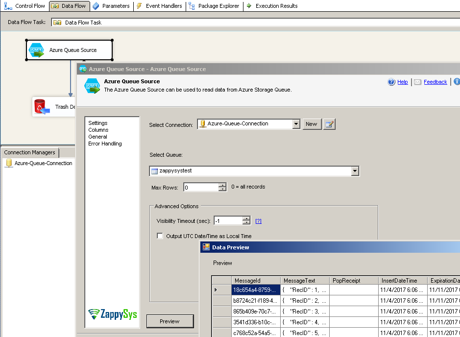 Preview Azure Queue Messages using SSIS Azure Queue Storage Source