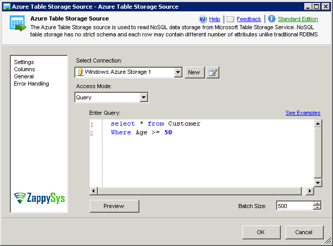 SSIS Azure Table Storage Source Adapter Settings