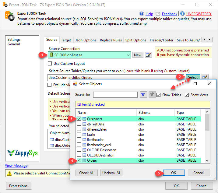 SSIS Generate JSON File Task - Generate JSON files for selected tables/views