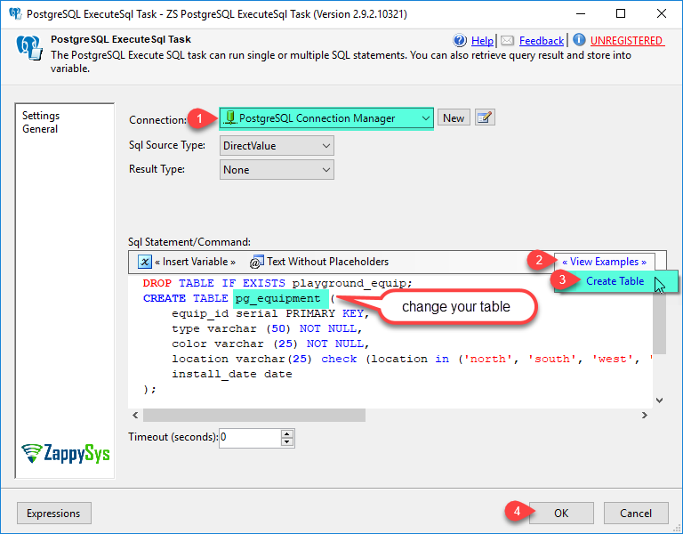 SSIS ZS PostgreSQL ExecuteSQL Task - Configure