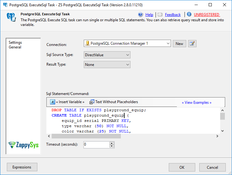 Execute Postgresql DDL Commands using PostgreSql ExecuteSql Task