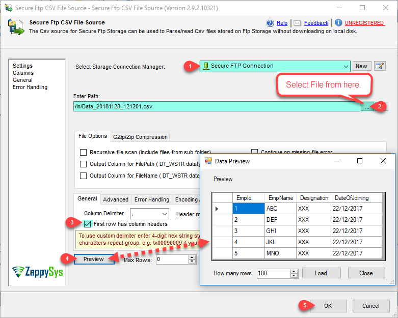 SSIS Secure FTP CSV File Source - Read from CSV File Options