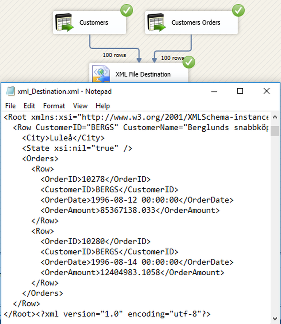 SSIS XML File Destination - Create XML File from multiple input sources