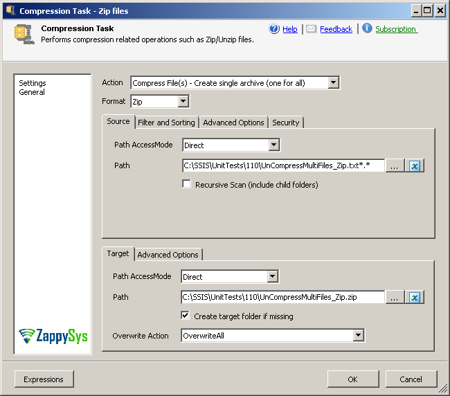 SSIS Zip File Task - Zip, Gzip, Unzip, Compress multiple files and folders