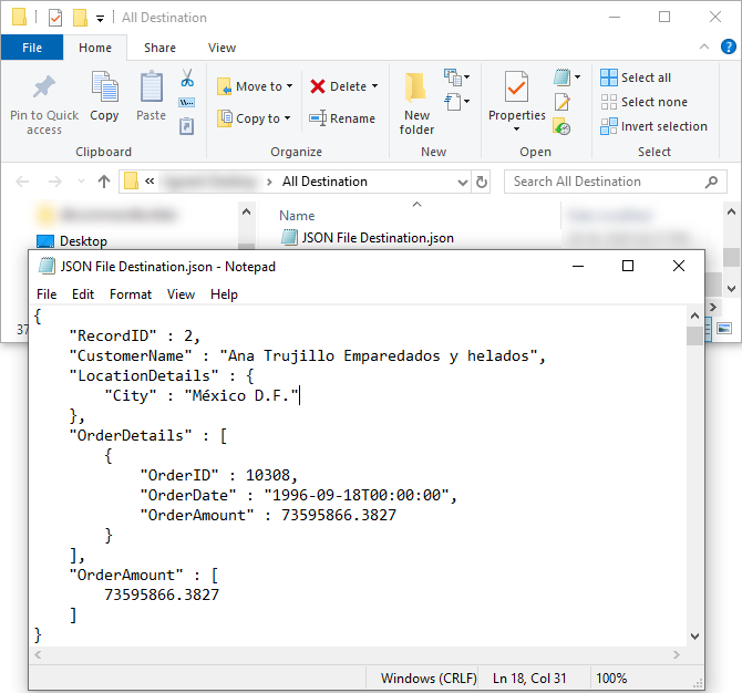 Exported JSON File Output - Generated from ZappyShell db.exe command line (Using Custom Layout File)