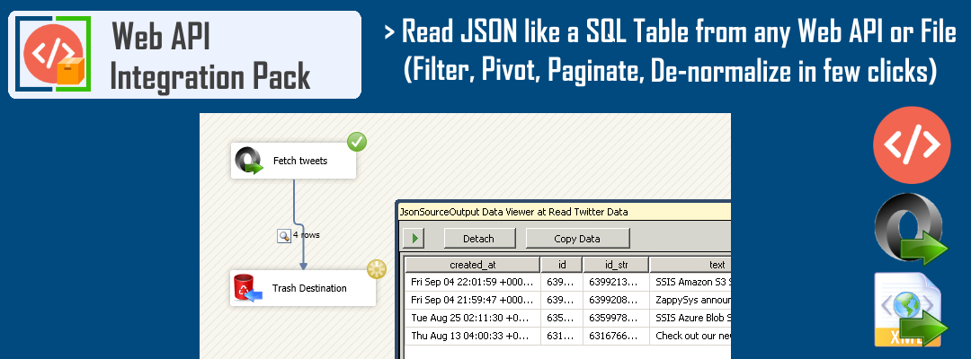 SSIS JSON Source - Read JSON like a SQL Table from any Web API / File. Filter, Pivot, Paginate and De-normalize your data in few clicks.
