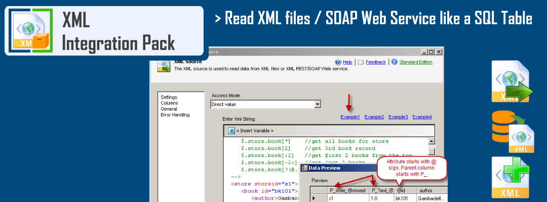 SSIS XML Source - Read XML like a SQL Table from any XML/SOAP API or File. Filter, Pivot, Paginate and De-normalize your data in few clicks.