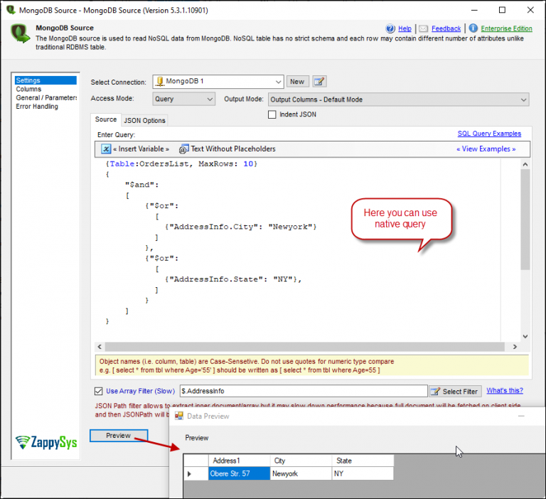 SSIS MongoDB Source Connector | ZappySys