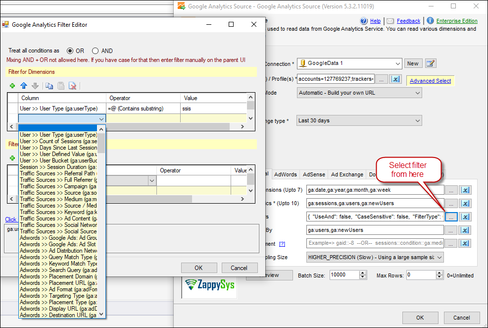 SSIS Google Analytics Connector UI – Select Filters