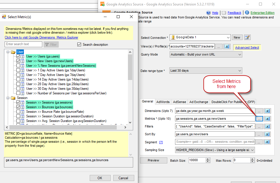 SSIS Google Analytics Connector UI – Select Metrics