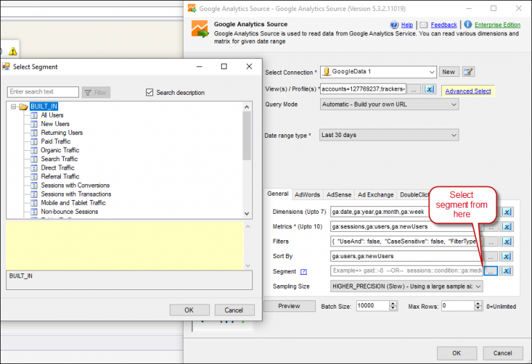 Google Analytics source Select Segment | ZappySys